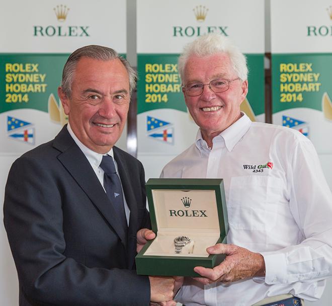 Roger Hickman (right) receives the Rolex Timepiece from Jean-Noel Bioul, Rolex SA.  ©  Rolex/Daniel Forster http://www.regattanews.com